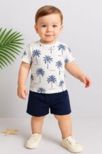 طقم أطفال نص كم نخلة ازرق شى ان