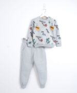 طقم شتوي أطفال رمادي بطباعة ديناصورات